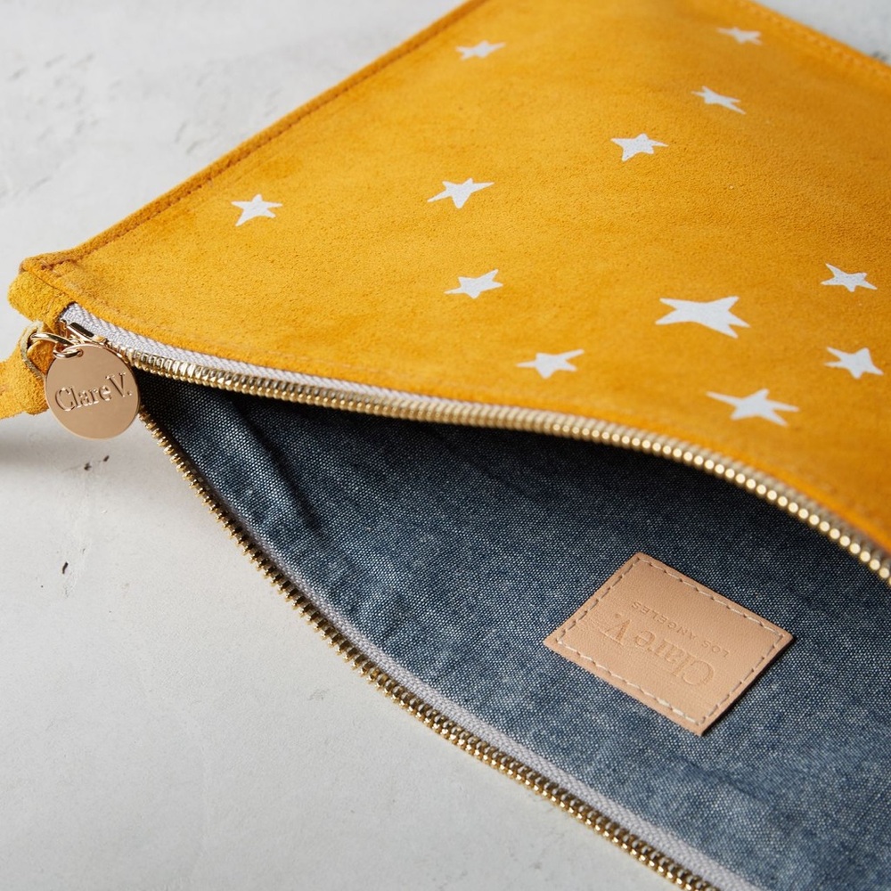 CLARE V Star Pattern Flat Clutch Pouch - Mustard Yellow - Picture 3 of 8